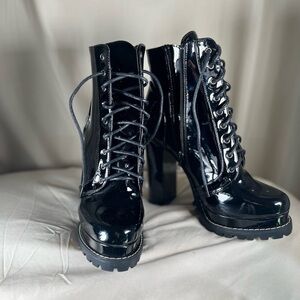 Black Patent Leather Lace-Up Boots